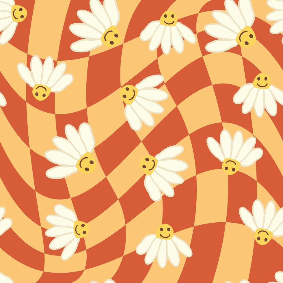 Retro Smile Chamomile Seamless Pattern on 1970 Wavy Swirl Seamless Pattern. Hippie Aesthetic. vector