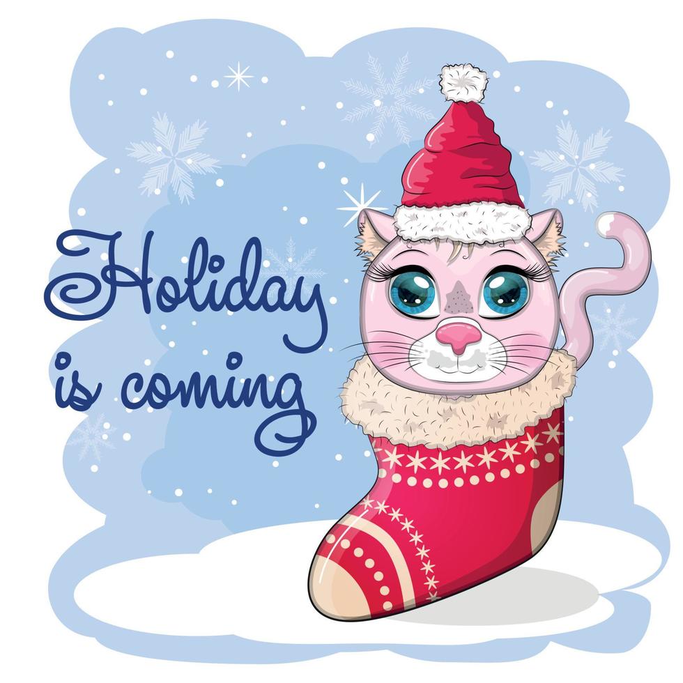 Cute cartoon cat in a Santa hat on a background of snow. Winter 2023, Christmas and Chinese New Year. vector