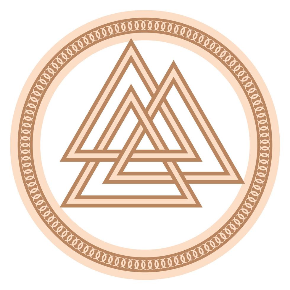 Walknut, sign of God Odin, decorated with ornaments in a wreath of Scandinavian weaving. Pendant. Beige trendy vector