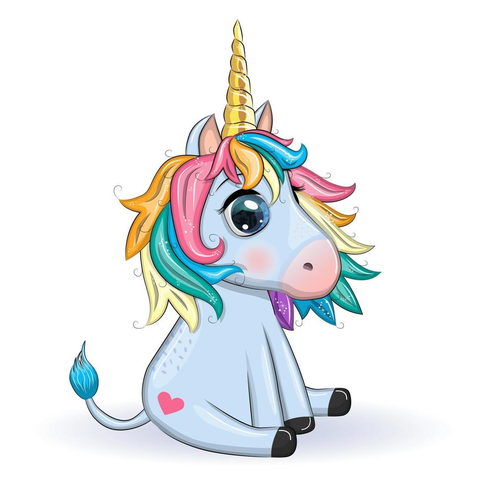 Blue unicorn pony sitting. Cute baby card, baby with big eyes vector