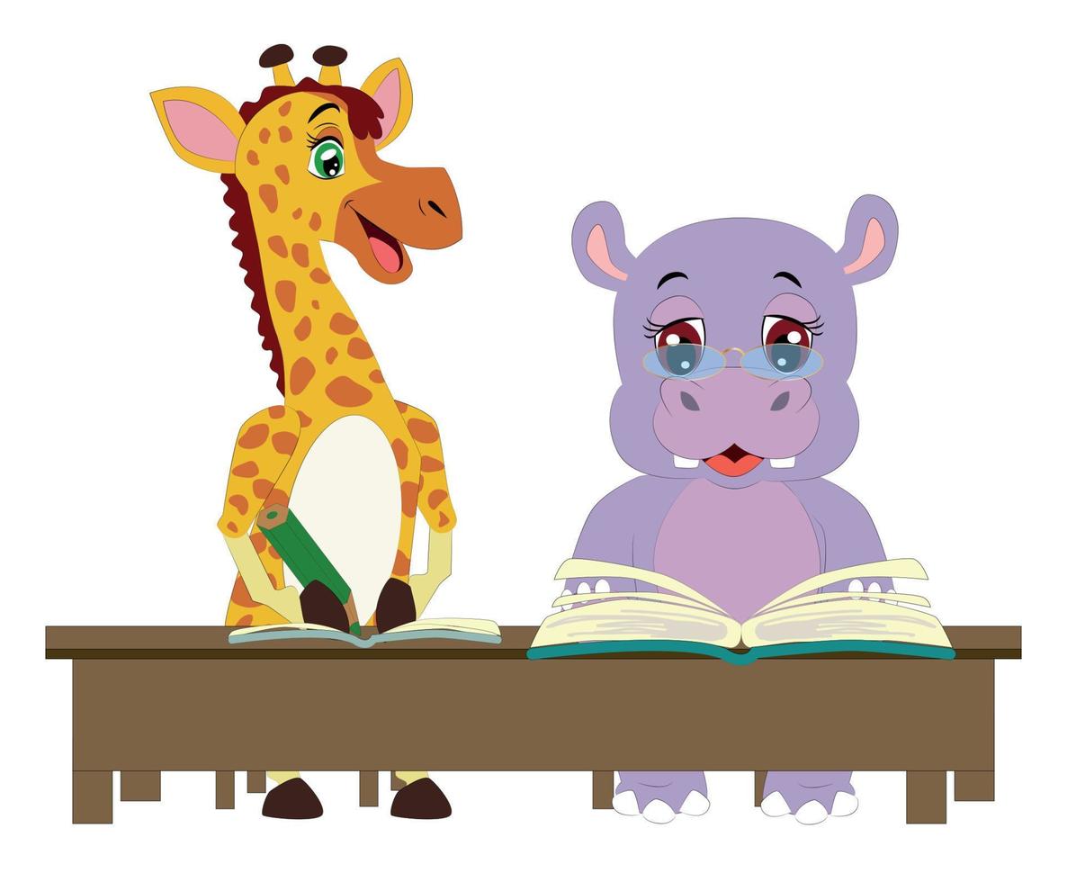 A giraffe and a hippopotamus sit at a desk reading and writing in a notebook. vector