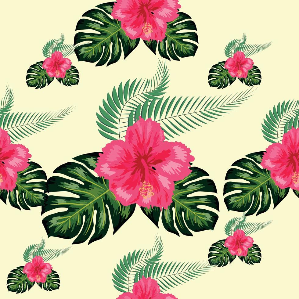 Tropical hibiscus flowers and palm leaves bouquets seamless pattern vector