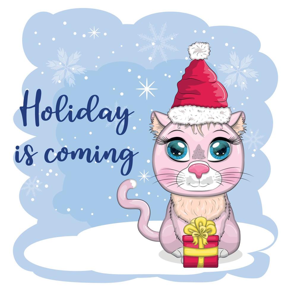 Cute cartoon cat in a Santa hat on a background of snow. Winter 2023, Christmas and Chinese New Year. vector