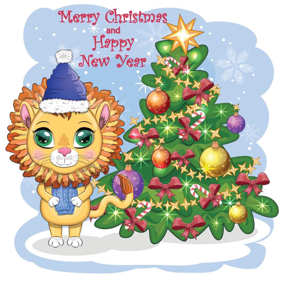Feliz navidad y próspero año nuevo. León gracioso con sombrero rojo con regalo al estilo de las caricaturas. tarjeta de felicitación. vector