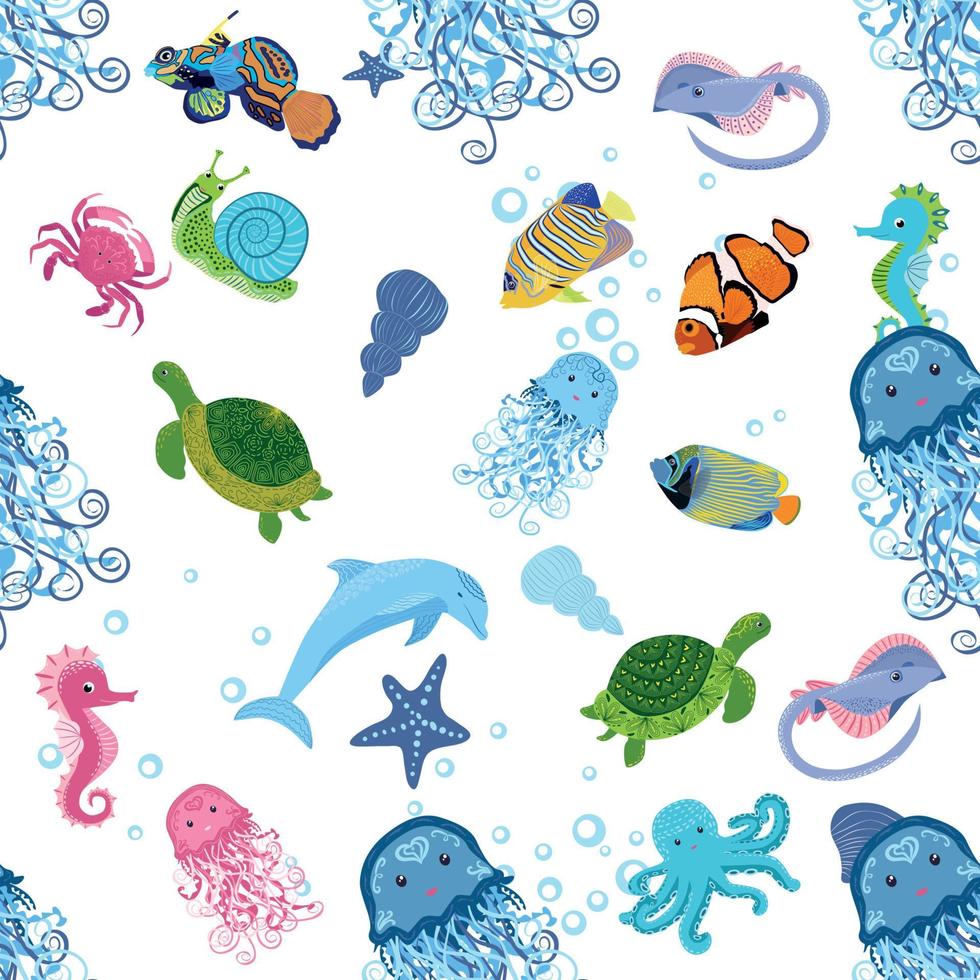 Marine life, fish, animals bright seamless pattern. sea travel, underwater diving animal tropical fish. Jellyfish, whale, shark, seahorse, clown fish, dolphin, turtle, emperor vector