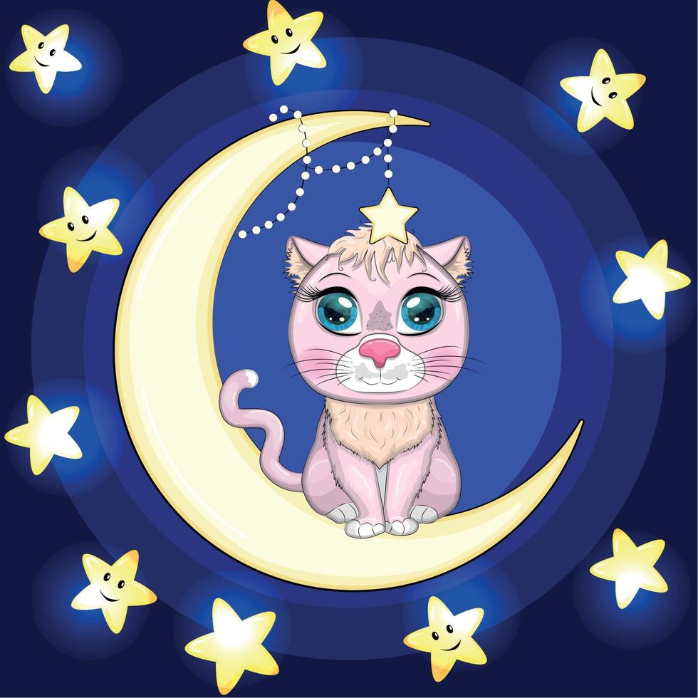 Cartoon cat on the moon with flowers. Cute child character, symbol of 2023 new chinese year vector