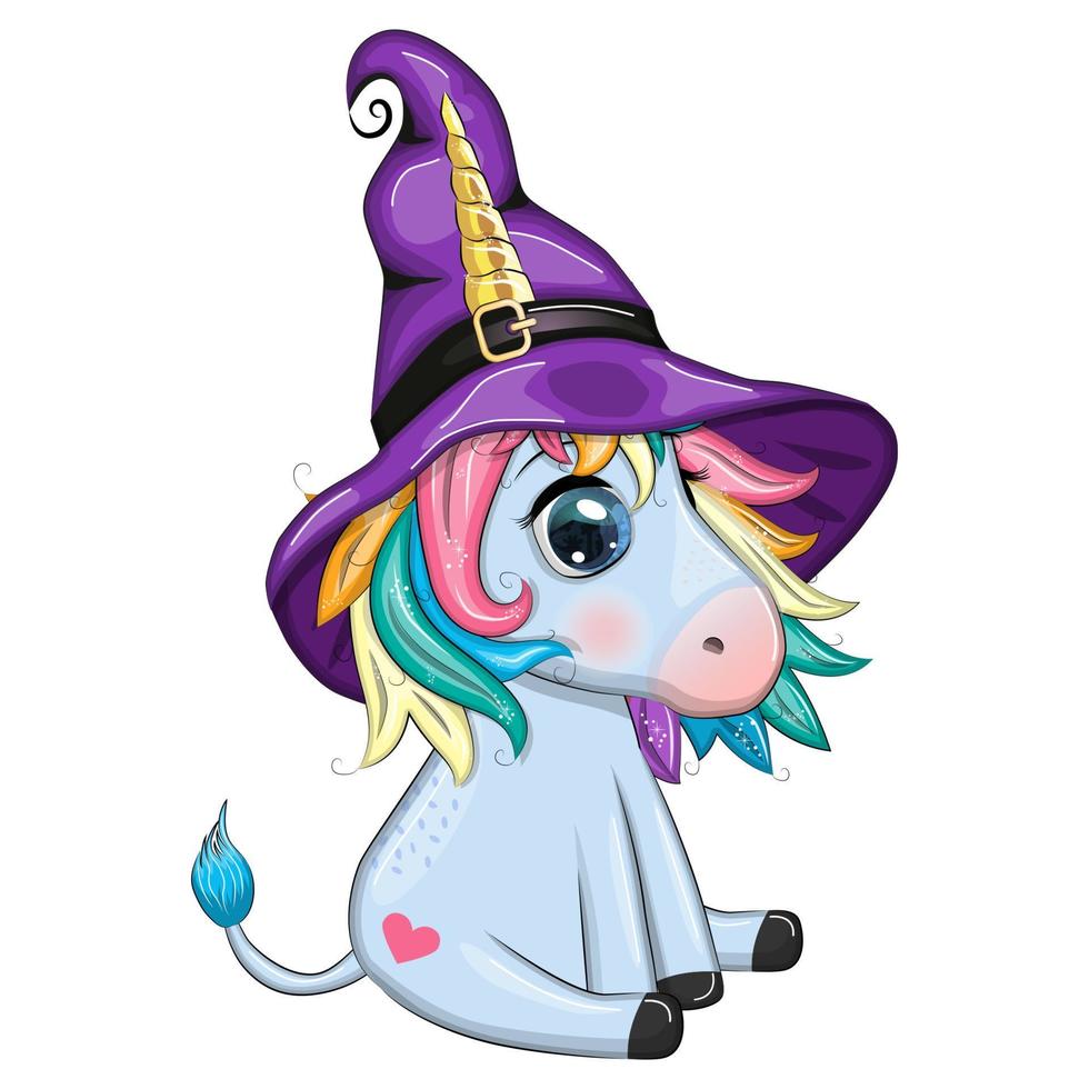 lindo unicornio de dibujos animados con sombrero de bruja púrpura, con calabazas, poción o escoba, personaje de fiesta de halloween vector