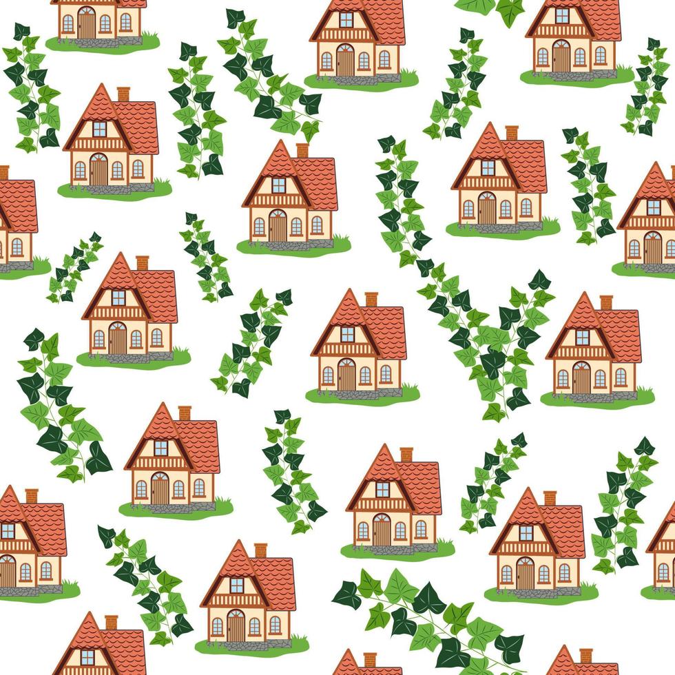 Seamless pattern with houses and ivy branches, plants, English old house, Scandinavian traditions vector