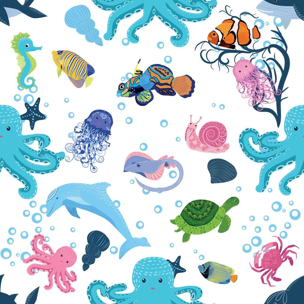 Marine life, fish, animals bright seamless pattern. sea travel, underwater diving animal tropical fish. Jellyfish, whale, shark, seahorse, clown fish, dolphin, turtle, emperor vector