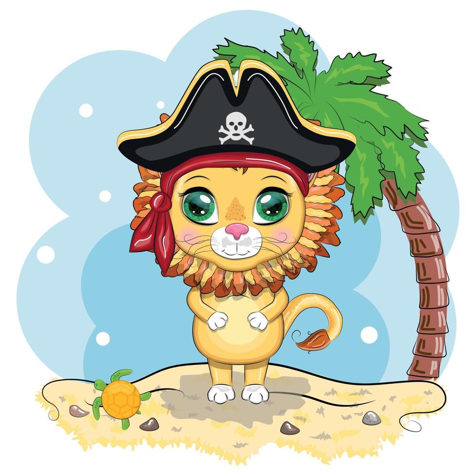 pirata león, personaje de dibujos animados del juego, gato animal salvaje con un pañuelo y un sombrero de tres picos con una calavera, con un parche en el ojo. personaje con ojos brillantes vector