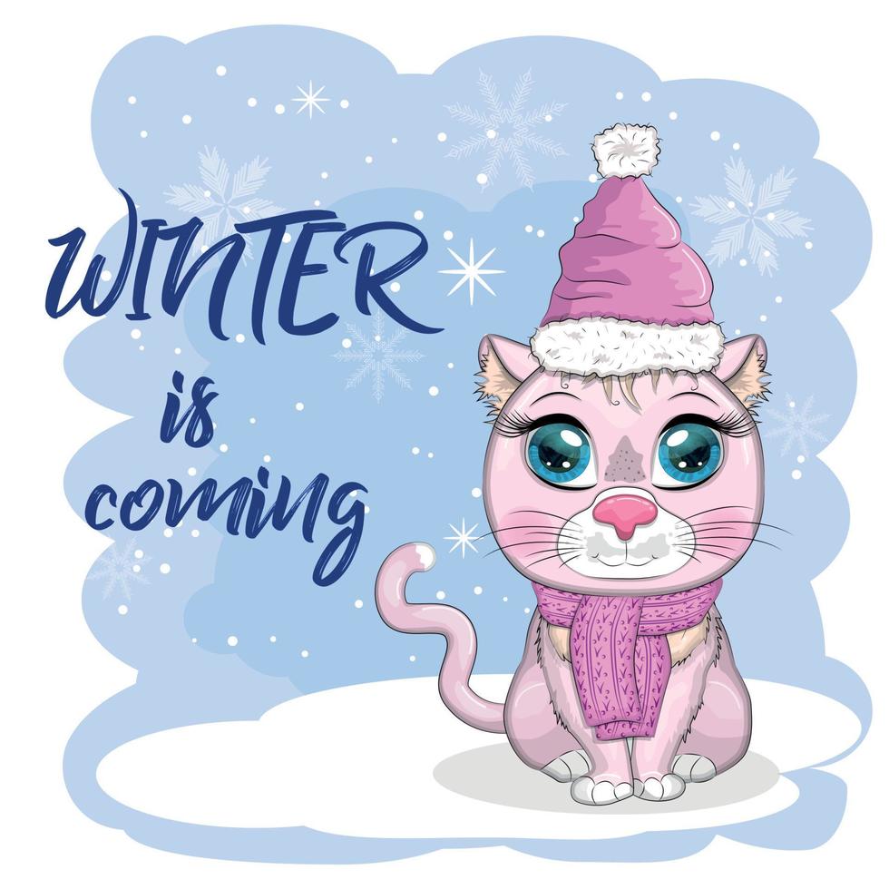 Cute cartoon cat in a Santa hat on a background of snow. Winter 2023, Christmas and Chinese New Year. vector