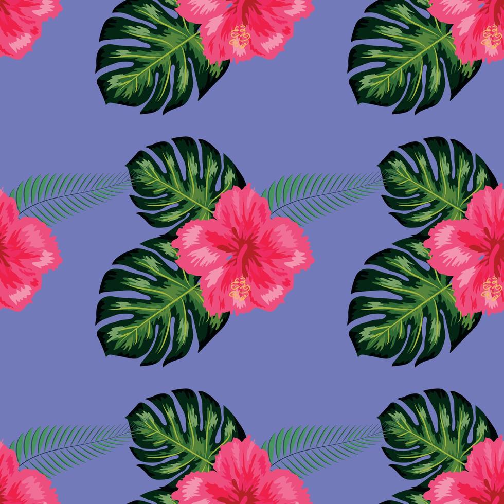 Seamless pattern with tropical leaves, hibiscus flowers vector