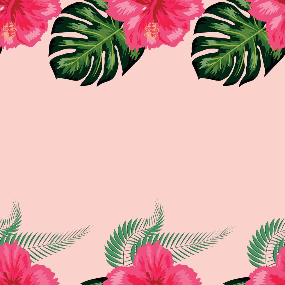 Seamless pattern with tropical leaves, hibiscus flowers vector