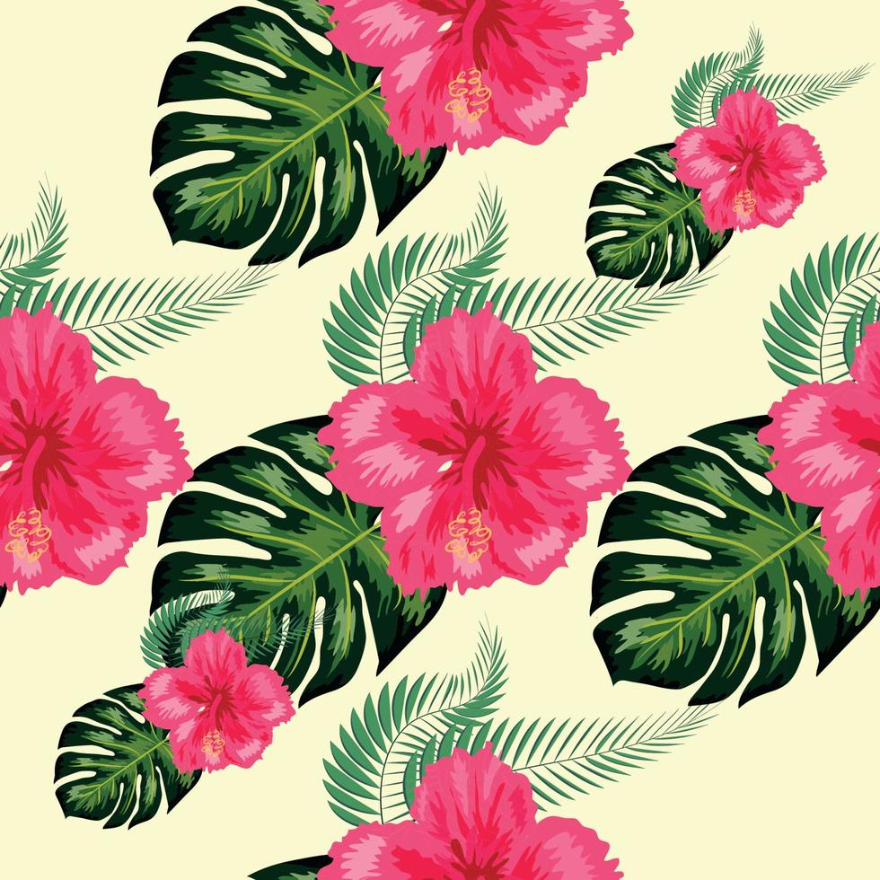 Seamless pattern with tropical leaves, hibiscus flowers vector