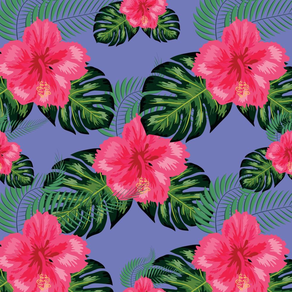 Seamless pattern with tropical leaves, hibiscus flowers vector