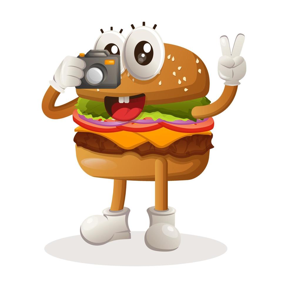 Cute burger taking photo with camera vector