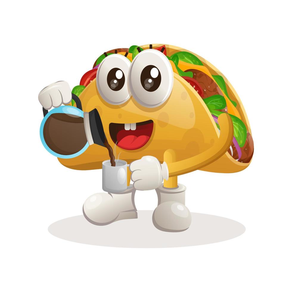 Cute taco mascot drinking coffee, coffee time vector