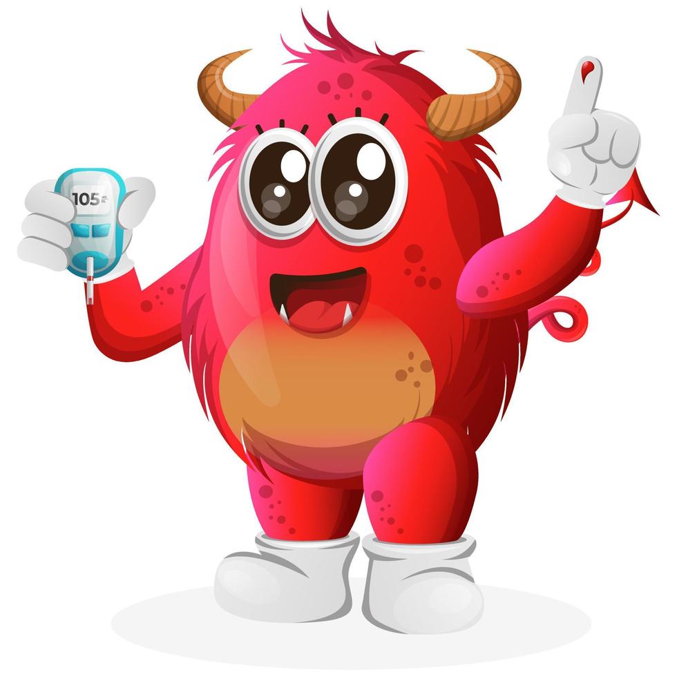 Vector Cute red monster holding a blood glucose meter