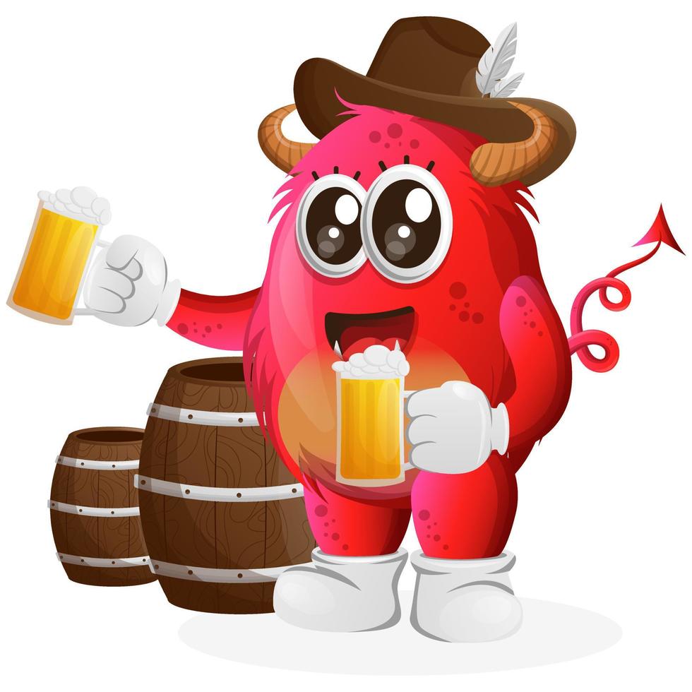 Vector Cute red monster celebrate oktoberfest with holding beer