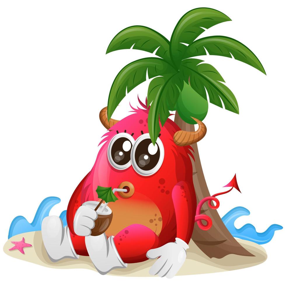 vector lindo monstruo rojo bebe agua de coco bajo una palmera en el verano