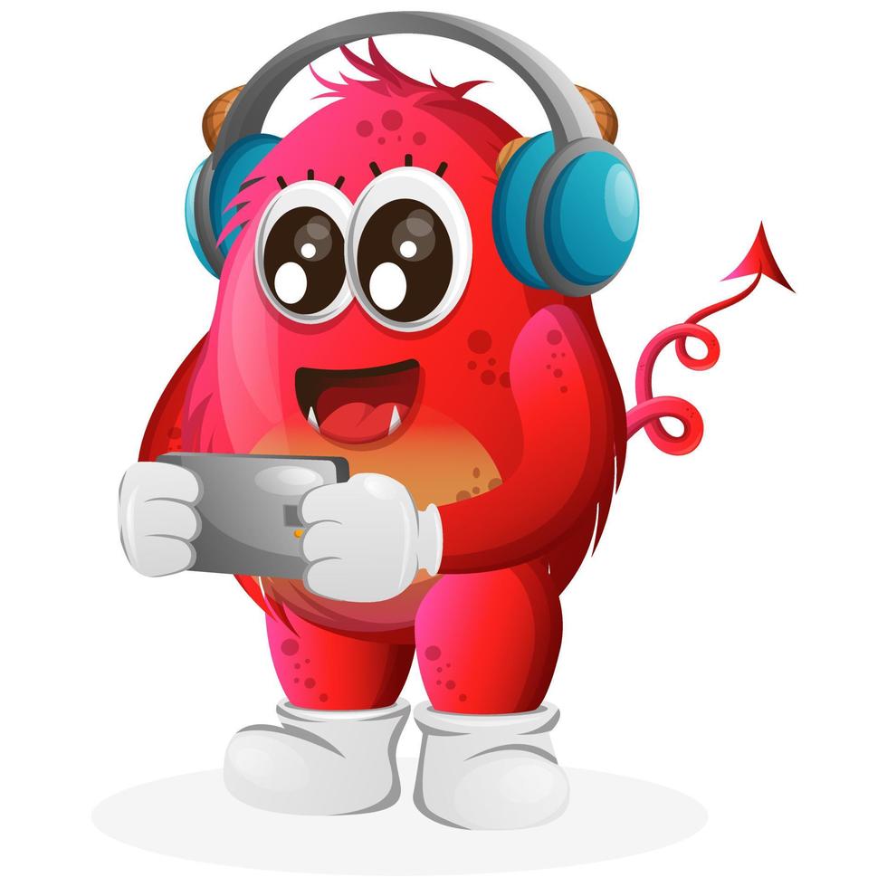 vector lindo monstruo rojo jugando juego móvil, usando auriculares