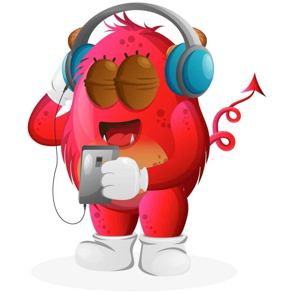 Vector Cute red monster listening music on a smartphone using a headphone