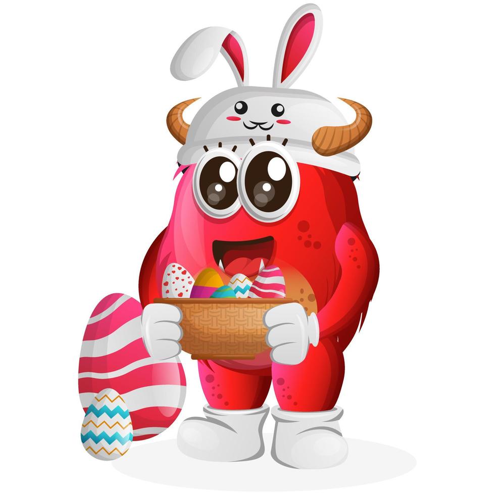 Vector Cute red monster wearing the bunny cap with holding easter egg in basket