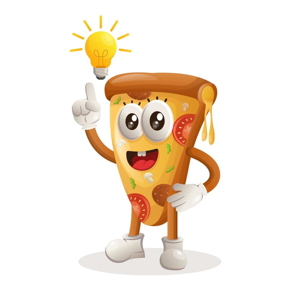 Cute pizza mascot got an idea, bulb idea, inspiration vector