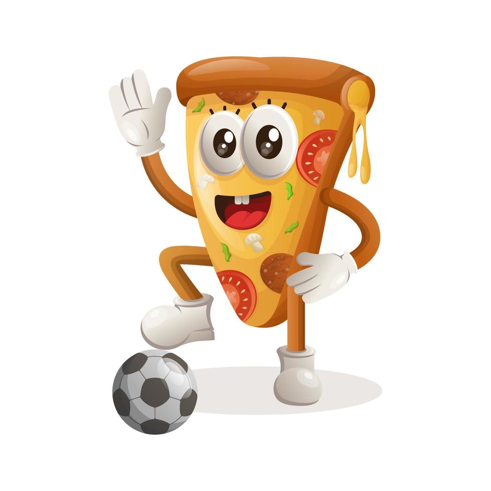 Cute pizza mascot play football, soccer ball vector
