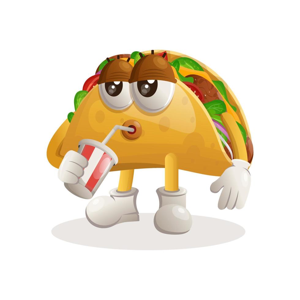 Cute taco mascot drinking soda, cola vector
