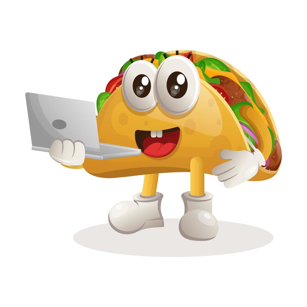 Cute taco mascot working using a laptop vector