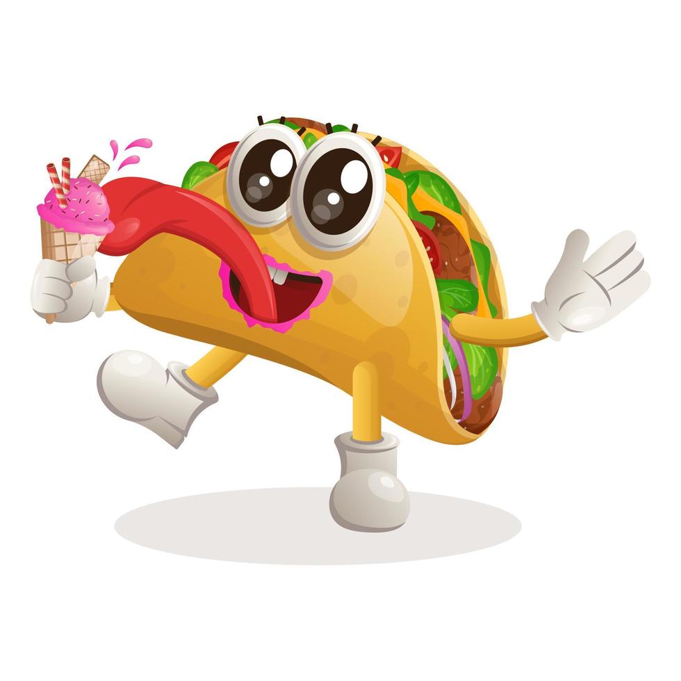 linda mascota de taco come helado, cono de helado vector