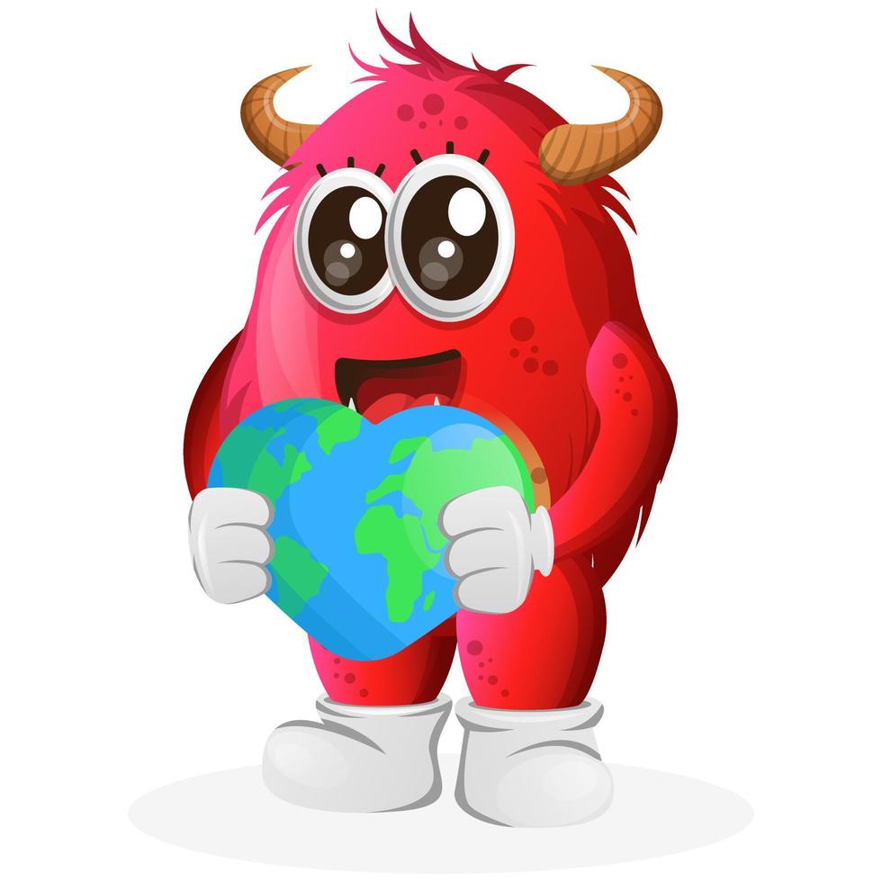 Vector Cute red monster holding earth with love shape