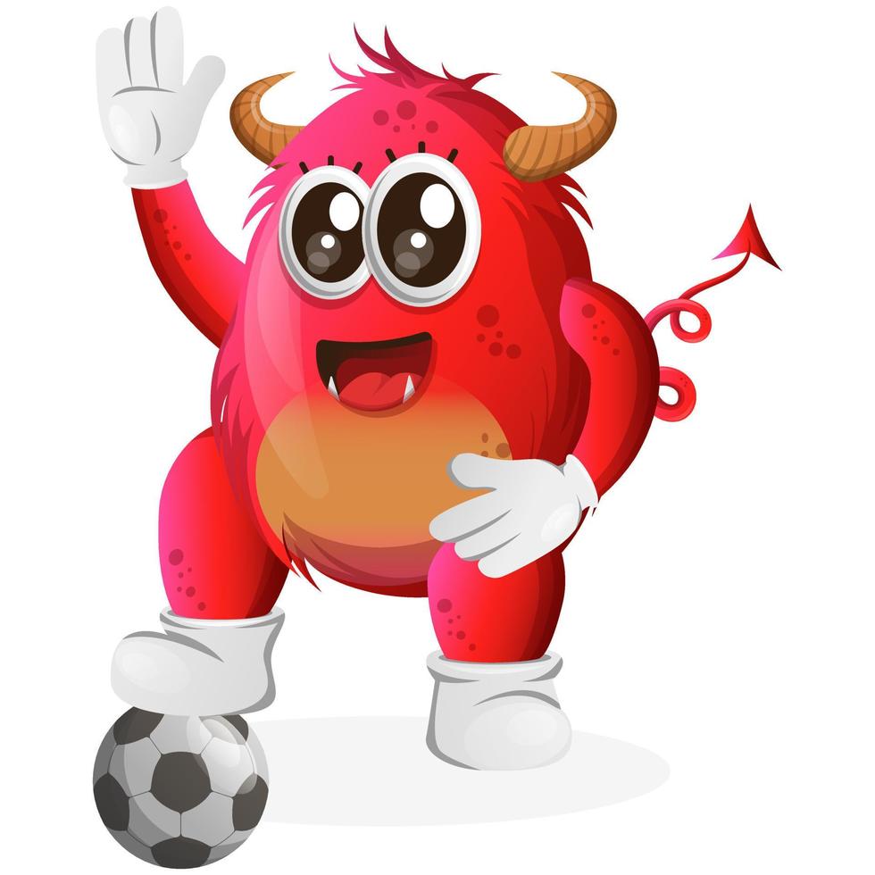 vector lindo monstruo rojo jugar al fútbol, balón de fútbol