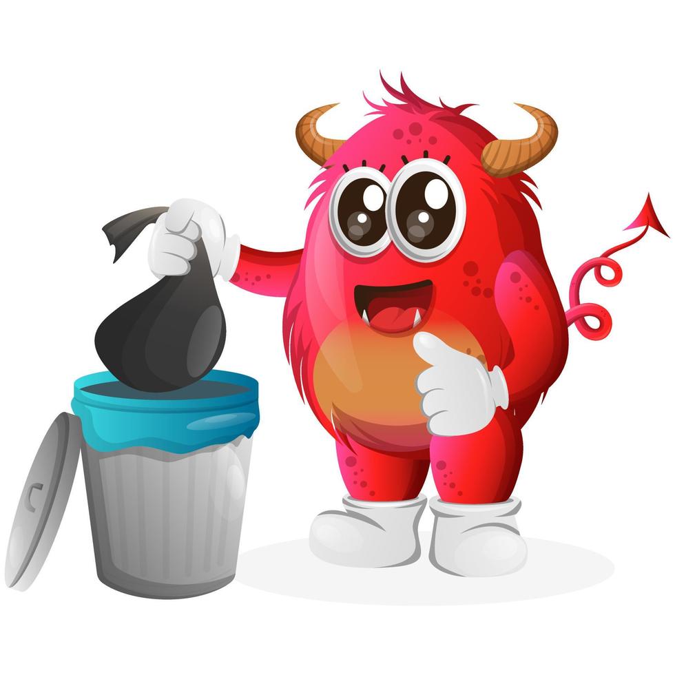 Vector Cute red monster placing reusable waste into garbage can