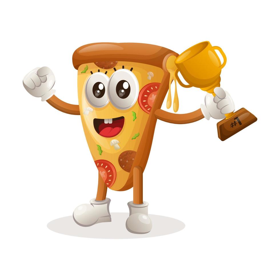 Cute pizza mascot winning award and celebrating success vector