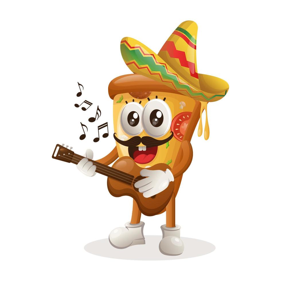 linda mascota de pizza con sombrero mexicano y tocando la guitarra vector