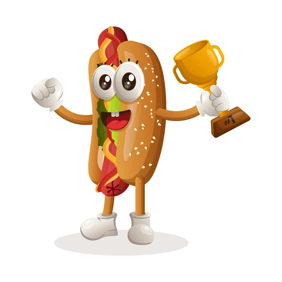 Cute hotdog mascot winning award and celebrating success vector