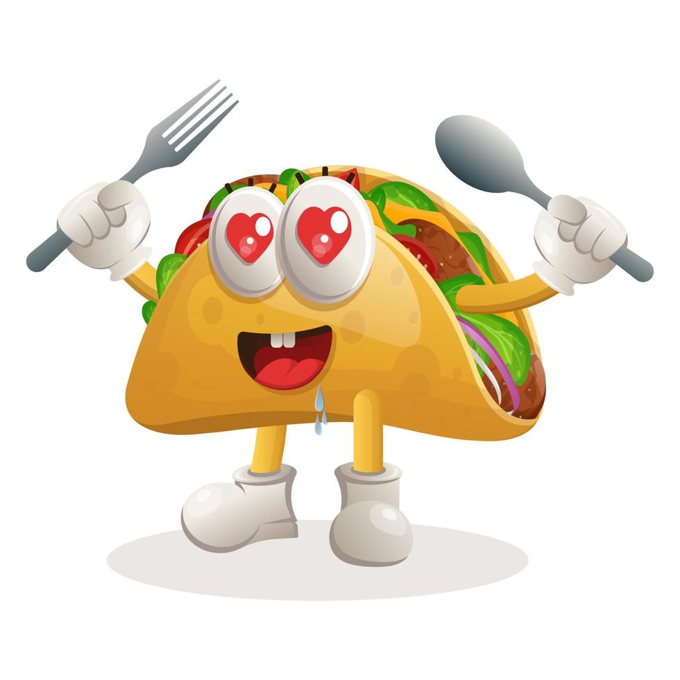 linda mascota de taco con cuchara y tenedor vector