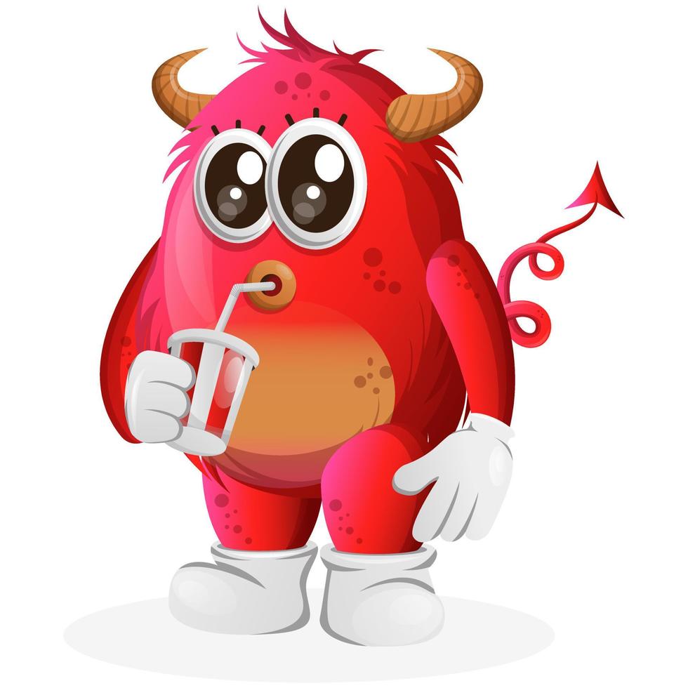 Vector Cute red monster drinking soda, cola