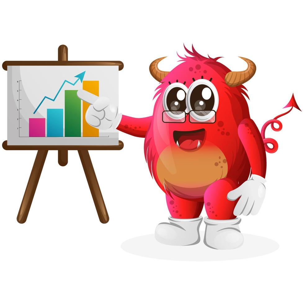 Vector Cute red monster gives report presentation, shows column graphics