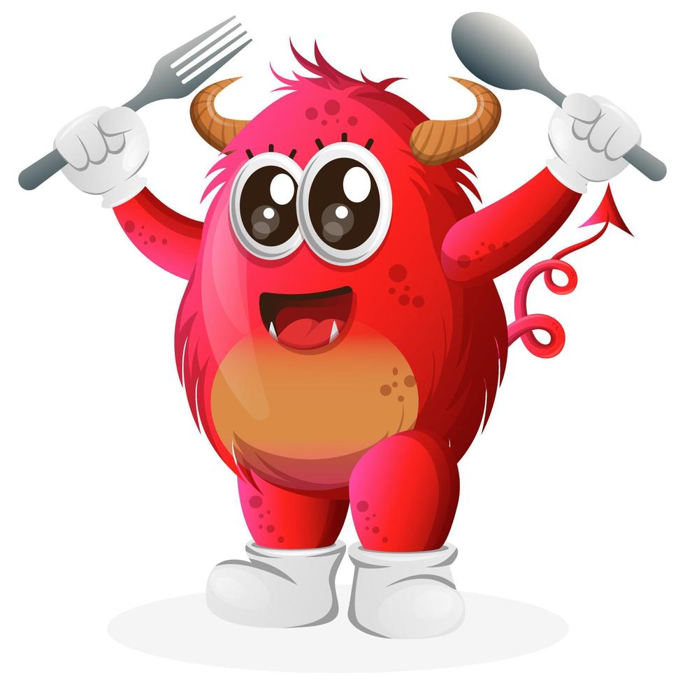 Vector Cute red monster holding spoon and fork