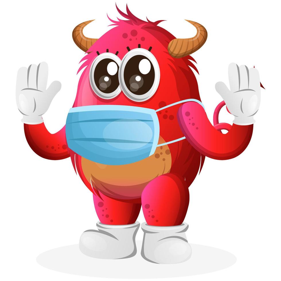 Vector Cute red monster wearing medical mask, protect from covid-19