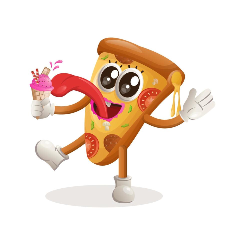 linda mascota de pizza come helado, cono de helado vector