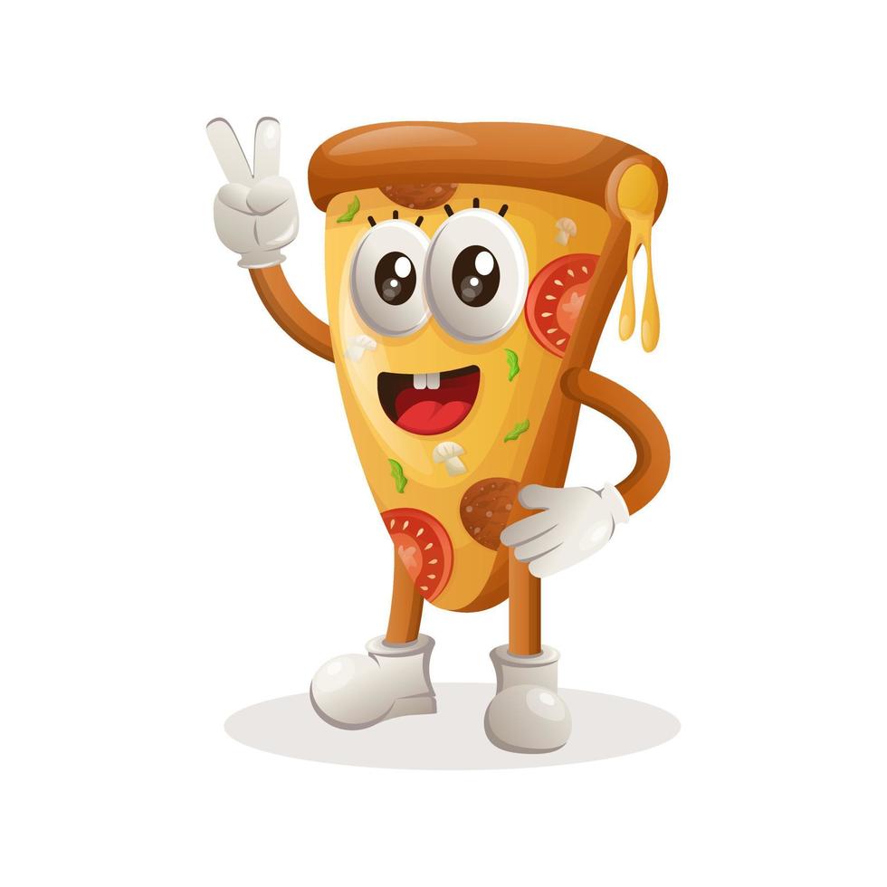 Cute pizza mascot with peace hand vector