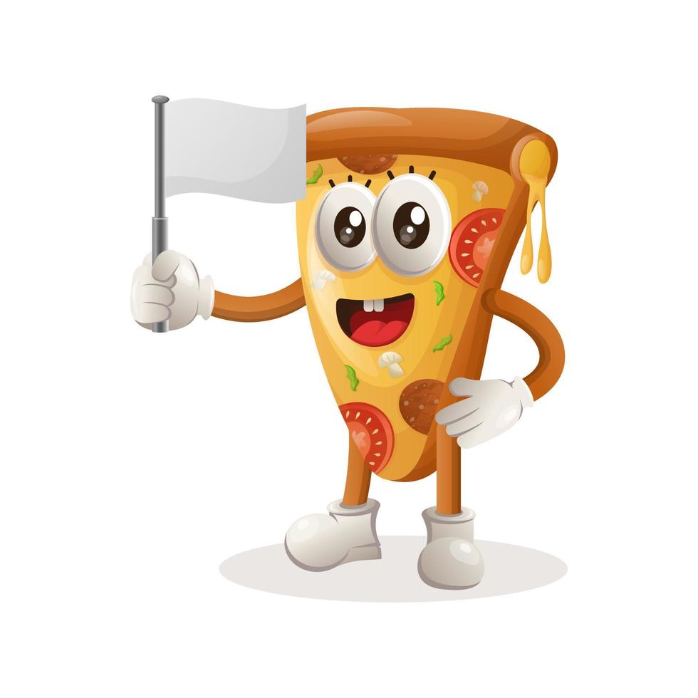 Cute pizza mascot waving white empty flag vector
