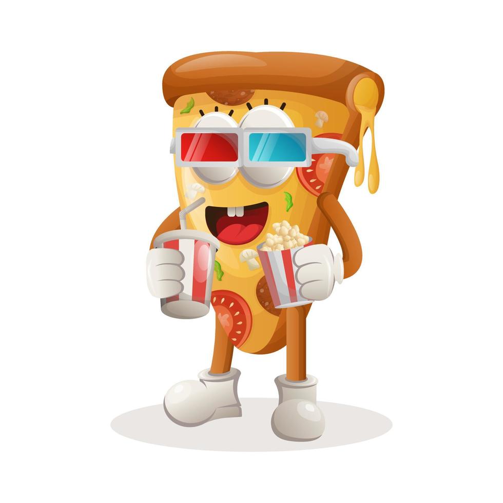 Cute pizza mascot watching movie with holding soda and popcorn vector