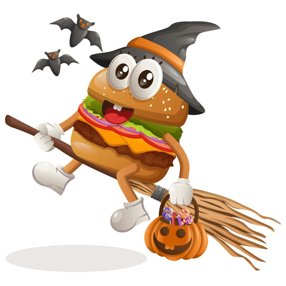 Cute burger mascot witch with holding halloween pumpkin vector