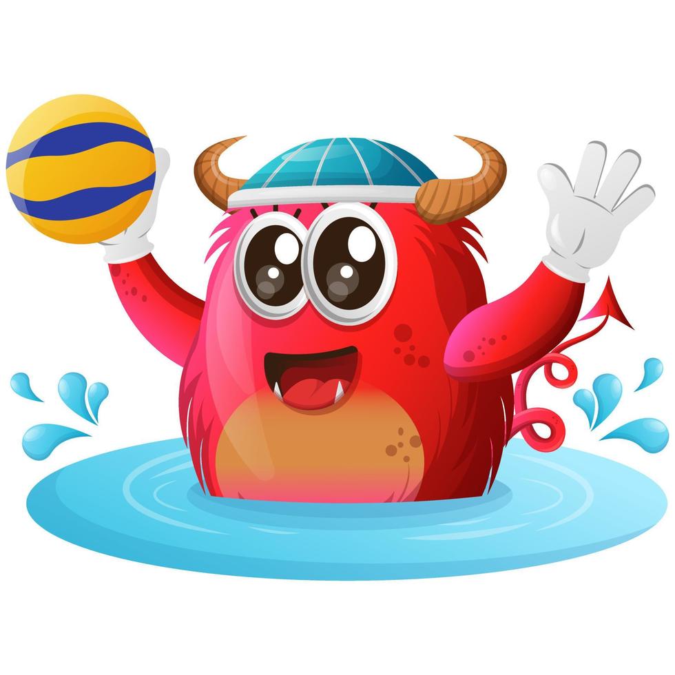 Vector Cute red monster playing waterpolo