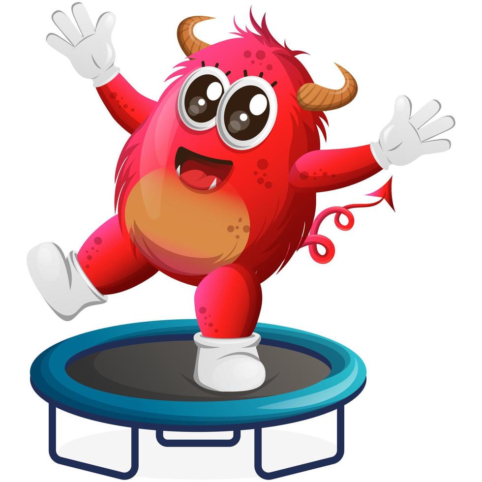 Vector Cute red monster playing trampoline game